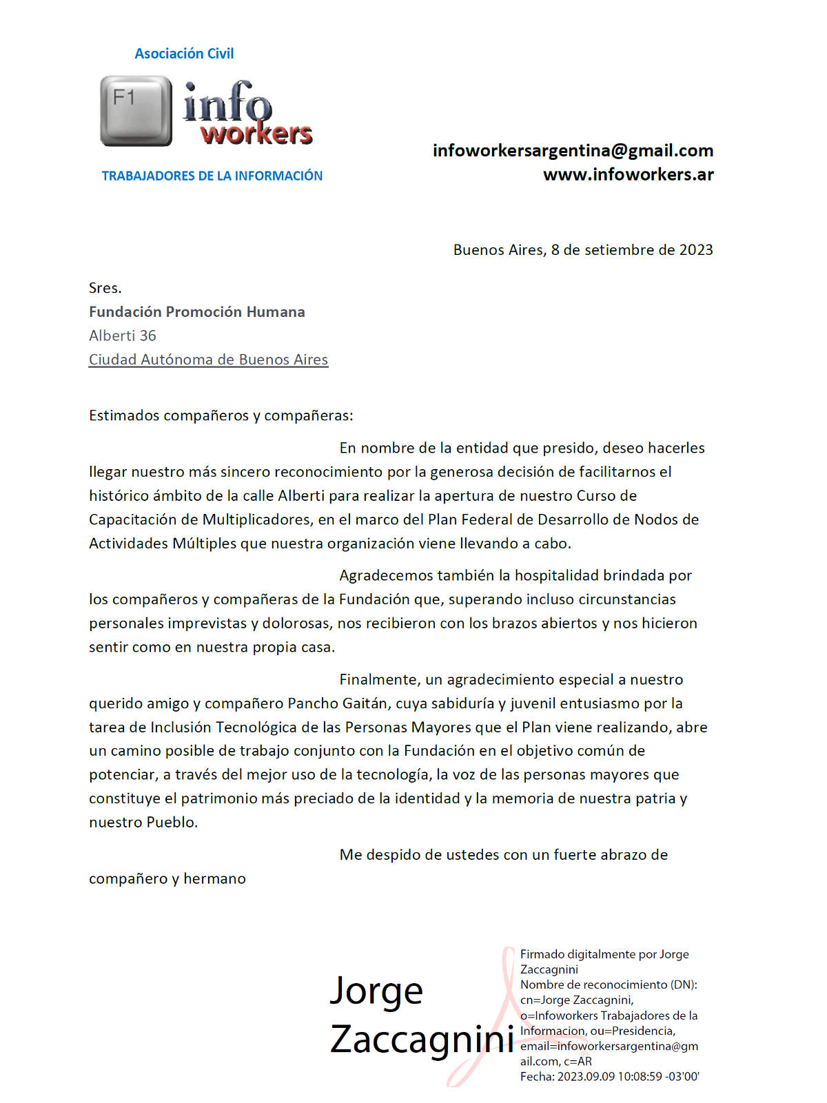 Reconocimiento de Infoworkers a nuestra Fundación Promoción Humana